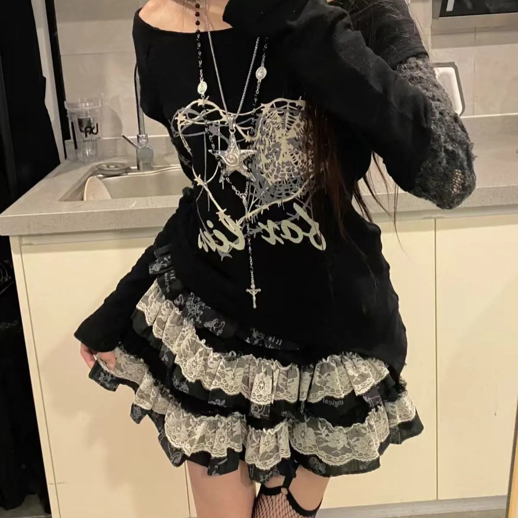 X-ORANGE Punk Puffy กระโปรง Dark Asian Culture y2k ลูกไม้เค้กเอวสูงสไตล์สั้นฤดูร้อนสไตล์ใหม่เสื้อผ้าผู้หญิงลําลอง