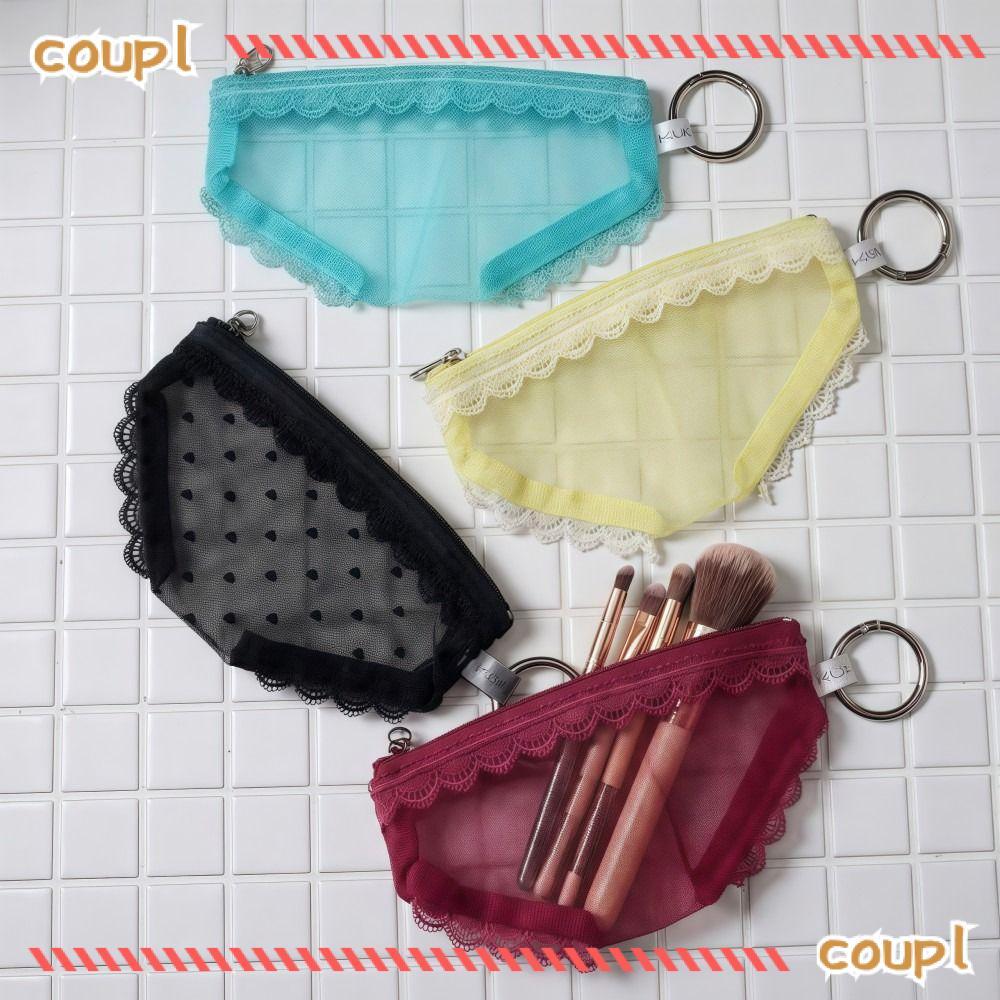COUPLDW กระเป๋าเครื่องสําอาง,ตาข่ายลูกไม้หัวใจแต่งหน้ากระเป๋า,ความคิดสร้างสรรค์โปร่งใส Y2K กางเกงรูปร่างกระเป๋าใส่อุปกรณ์อาบน้ําสําหรับการเดินทาง