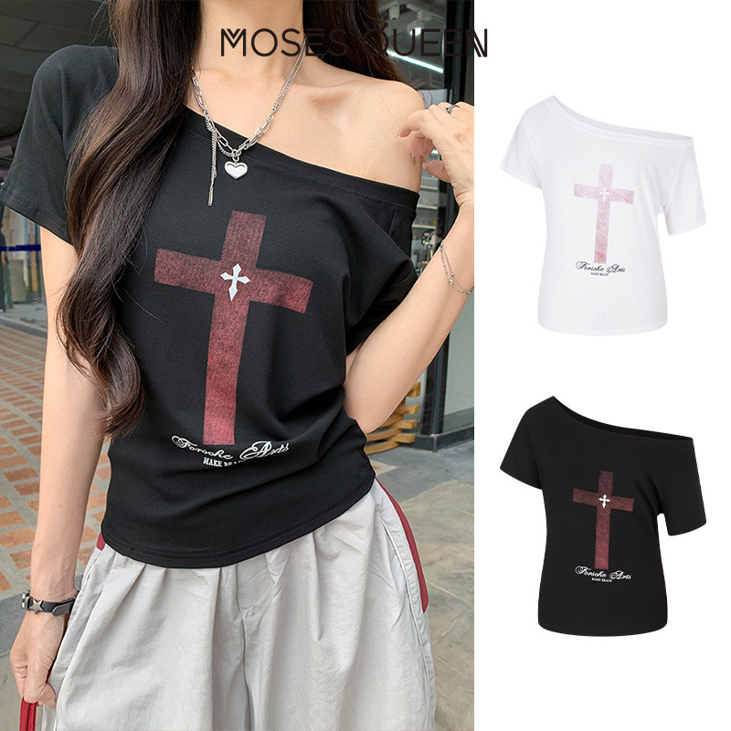 < MOSESQUEEN > มอสส์ ราชินี เสื้อยืดแขนสั้นเปิดไหล่พิมพ์ลายไขว้สไตล์อเมริกันย้อนยุคสําหรับฤดูร้อนเสื้อโชว์ไหล่ #63680