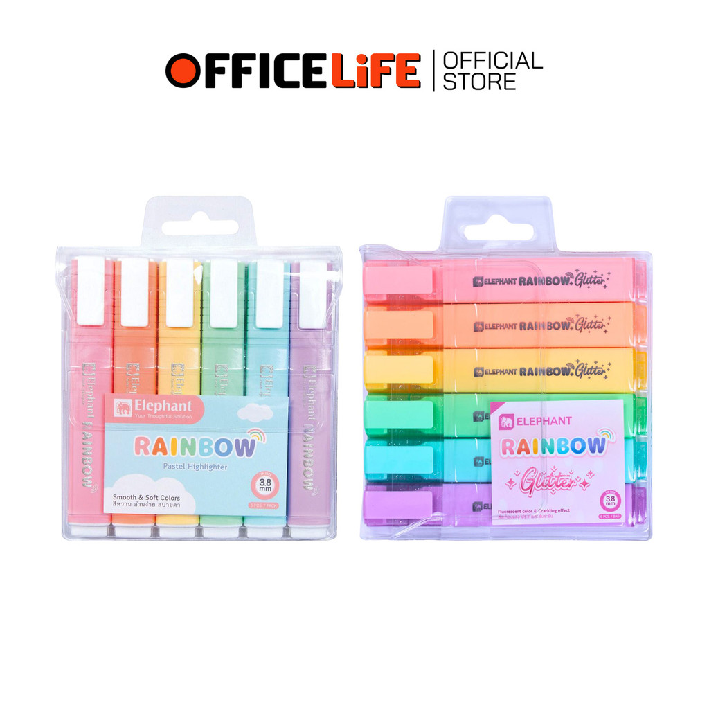 Elephant (ตราช้าง) ปากกาเน้นข้อความ ไฮไลท์ รุ่น Rainbow /Rainbow Glitter ขนาด 3.8 มม. ( แพ็ค 6 ด้าม )