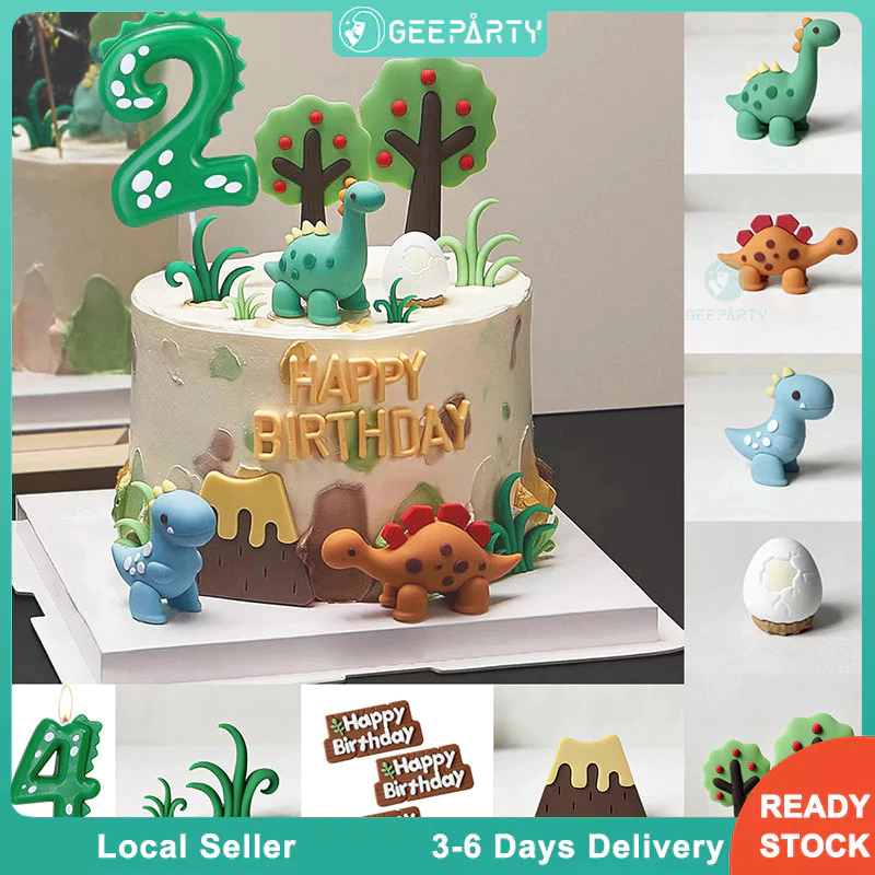 GeeParty ที่ประดับเค้กรูปไดโนเสาร์การ์ตูน ธีมป่า ใบไม้ ผลไม้ ต้นไม้ ไข่ไดโนเสาร์ ภูเขาไฟ ยางนุ่ม สำหรับตกแต่งเค้กวันเกิด