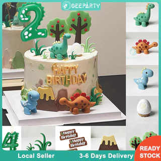 GeeParty ที่ประดับเค้กรูปไดโนเสาร์การ์ตูน ธีมป่า ใบไม้ ผลไม้ ต้นไม้ ไข่ไดโนเสาร์ ภูเขาไฟ ยางนุ่ม สำหรับตกแต่งเค้กวันเกิด