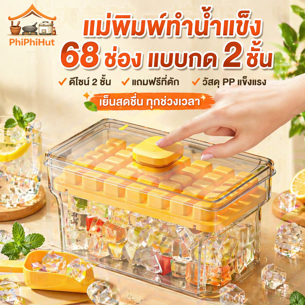 PPH แม่พิมพ์ทำน้ำแข็ง 68 ช่อง แบบกด 2 ชั้น  พร้อมฝาปิด แถมที่ตัก กดครั้งเดียวหลุดก้อน