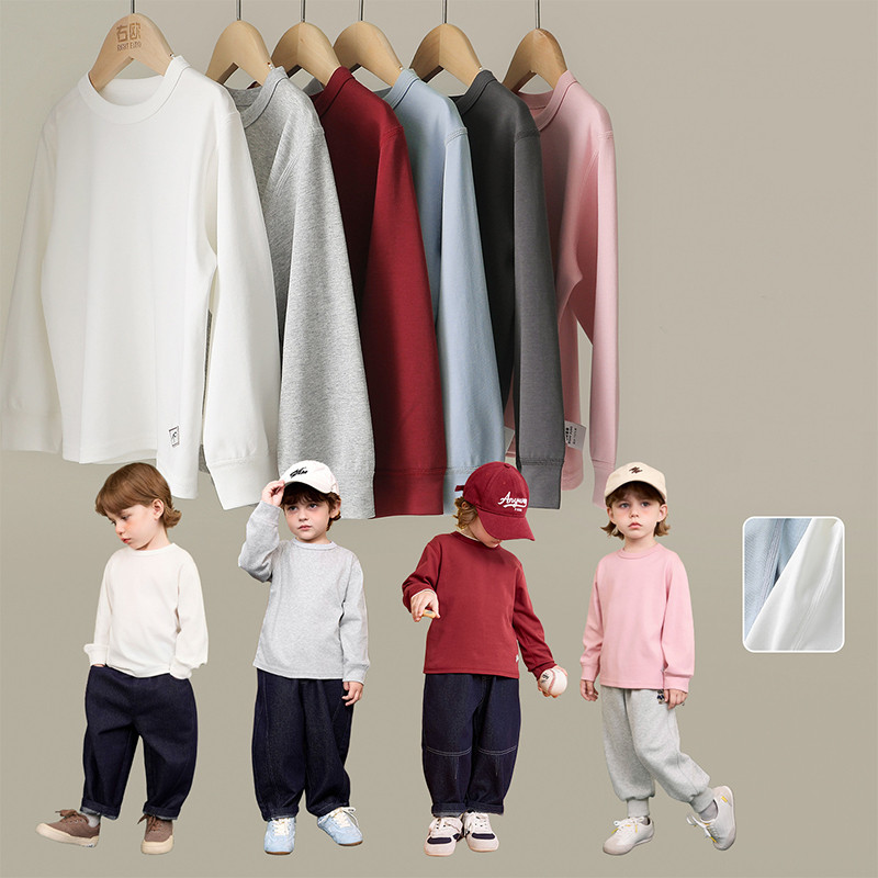 [90-160] ชายแขนยาวเสื้อยืดเด็กสวมใส่สีทึบเด็กทารกด้านบนชายเสื้อ จุดต่ําสุด ยู16559