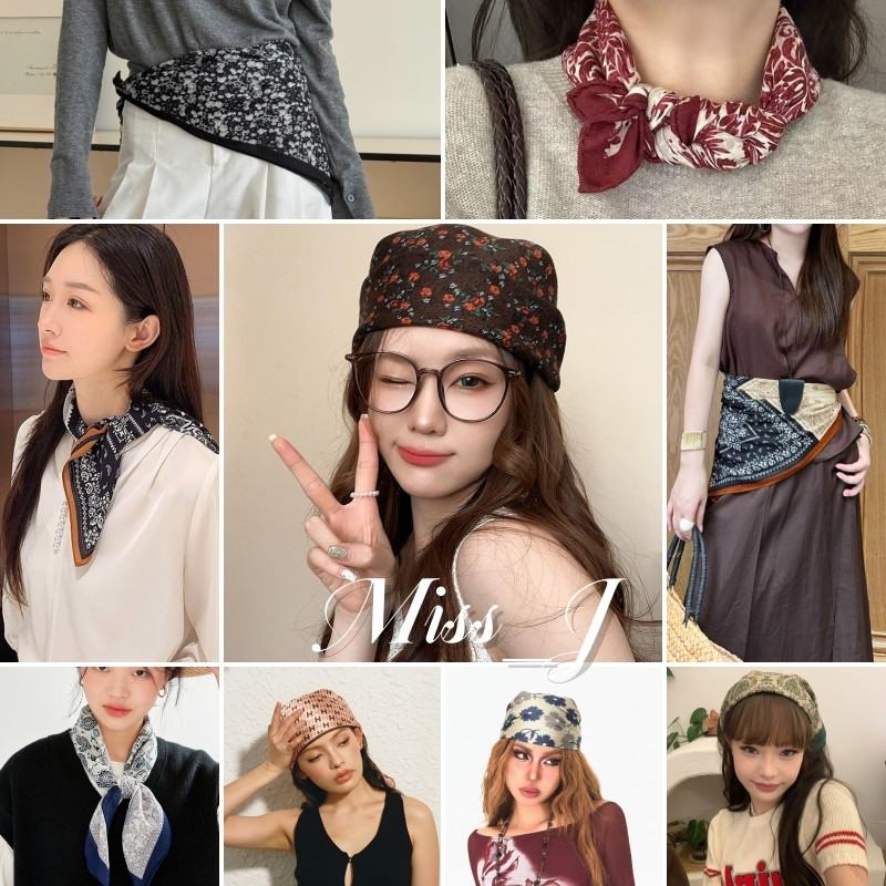 Miss_J พร้อมส่งจากกทม🎀ผ้าพันคอสี่เหลี่ยมผ้าฝ้ายและลินินขนาด 70*70 ซม. ใหม่ มีศิลปะและใช้งานได้หลากหลาย