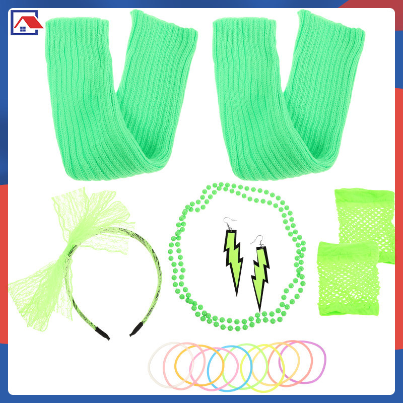 🎉 Neon Party Outfit สำหรับผู้หญิง พร้อม Green Fabric Accessories สร้อยคอ ผ้าคาดผม ต่างหู ถุงน่องร้อน