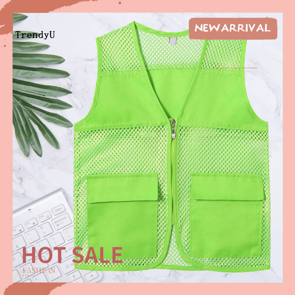 TRD Hollow Out Zipper Placket กระเป๋าคู่ V คอทํางานเสื้อกั๊กอาสาสมัครสีสดใสหลวม Fit เสื้อกั๊ก Unisex