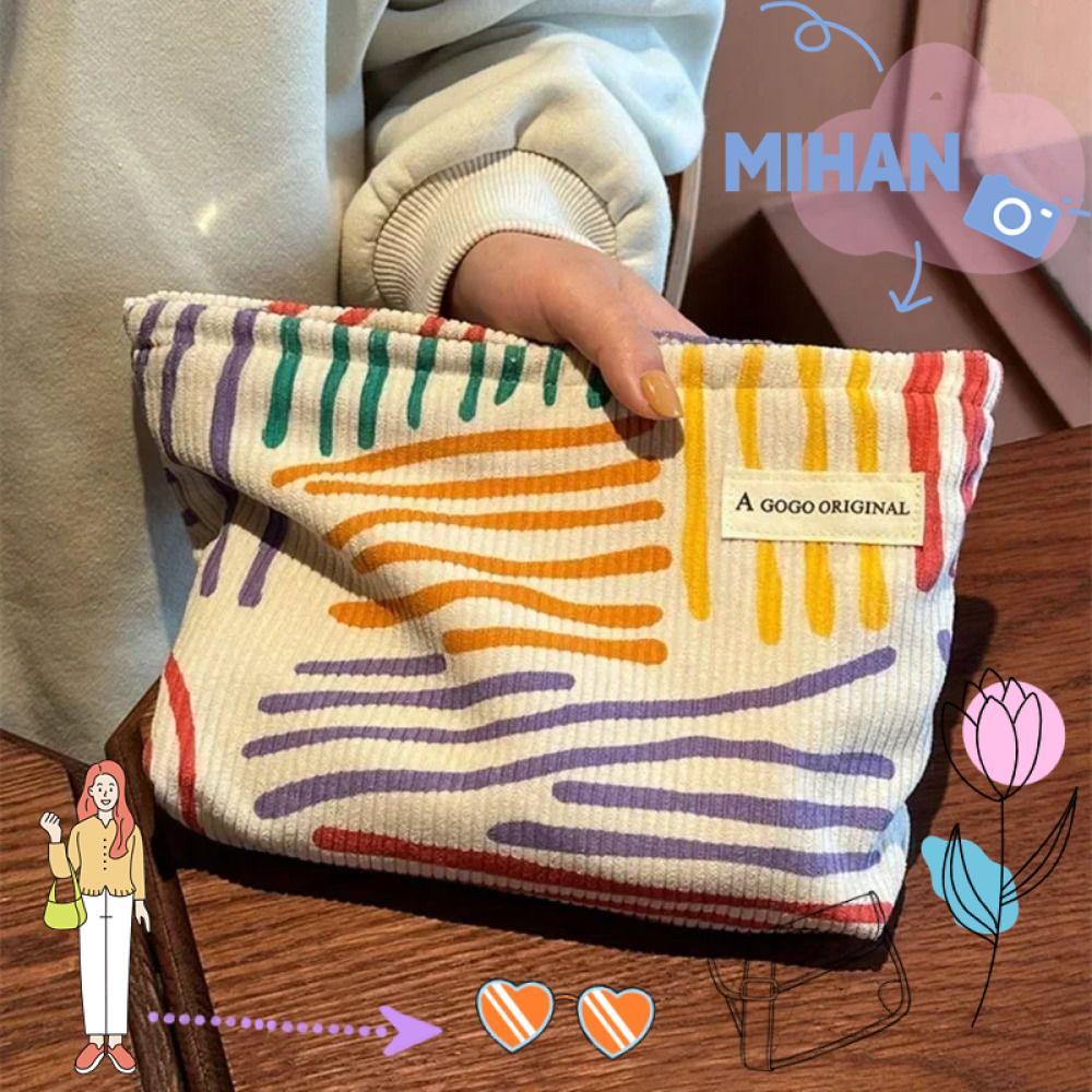 MIHAN กระเป๋าแต่งหน้าลาย, Clash Color Women Travel Cosmetic Bag, Corduroy Make Up Organizer Clutch Bag Beauty Storage Cases