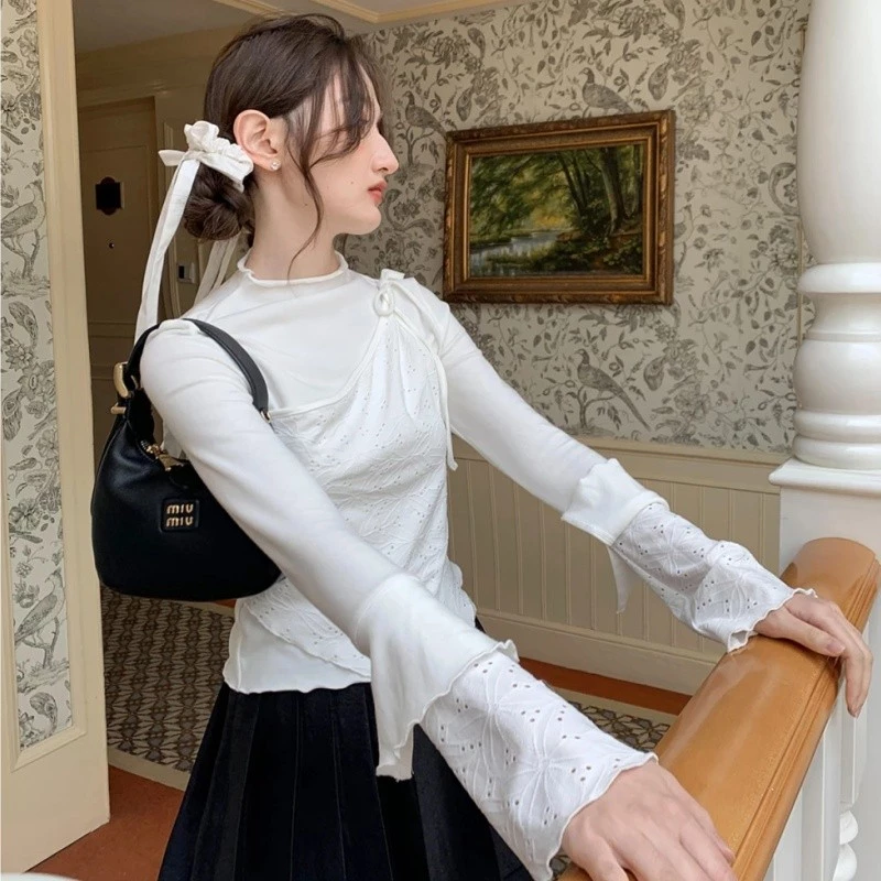 shayne-เสื้อยืดสตรี แขนยาว คอวี สีทึบ ประเภทการเชื่อมต่อ ประเภทรุ่น Slim Fit เรียบง่าย หวาน สุภาพสตรี แฟชั่นฤดูร้อน วิทย