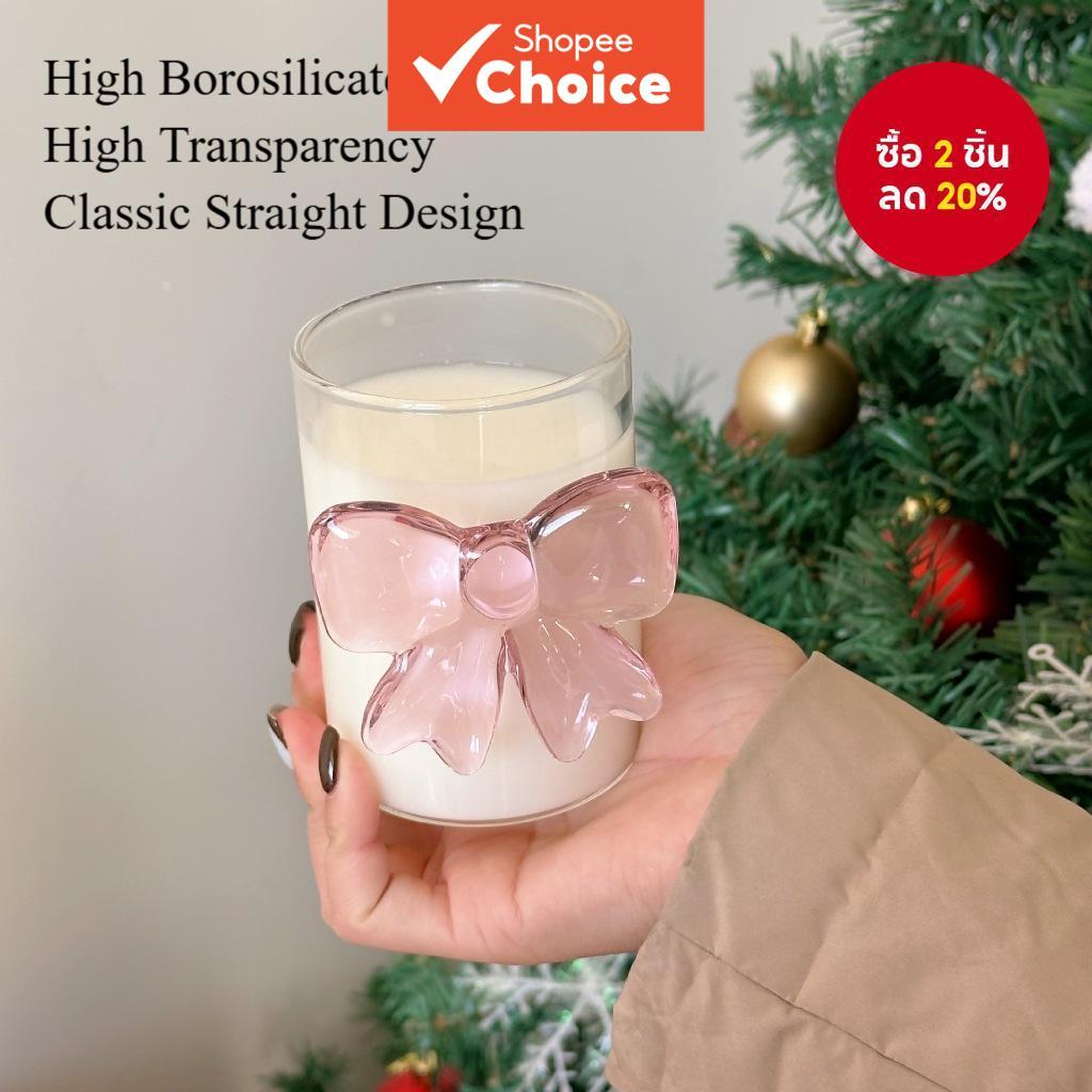 Girly Pink Bow ถ้วยแก้วใส – ชามนม น้ําผลไม้ และขนมหวานทนความร้อนมีสไตล์