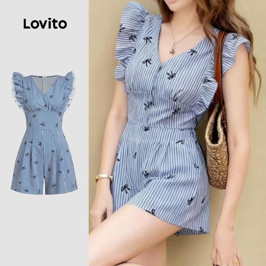 Lovito จั๊มสูทลําลองแบบซิปสําหรับฤดูใบไม้ผลิ/ฤดูร้อน สีฟ้าสําหรับผู้หญิง L157ED356