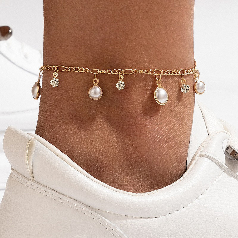 2025 เครื่องประดับ Simple Diamond-Studded กําไลข้อเท้าชั้นเดียว All-Match Zircon Flow Pearl Anklet A