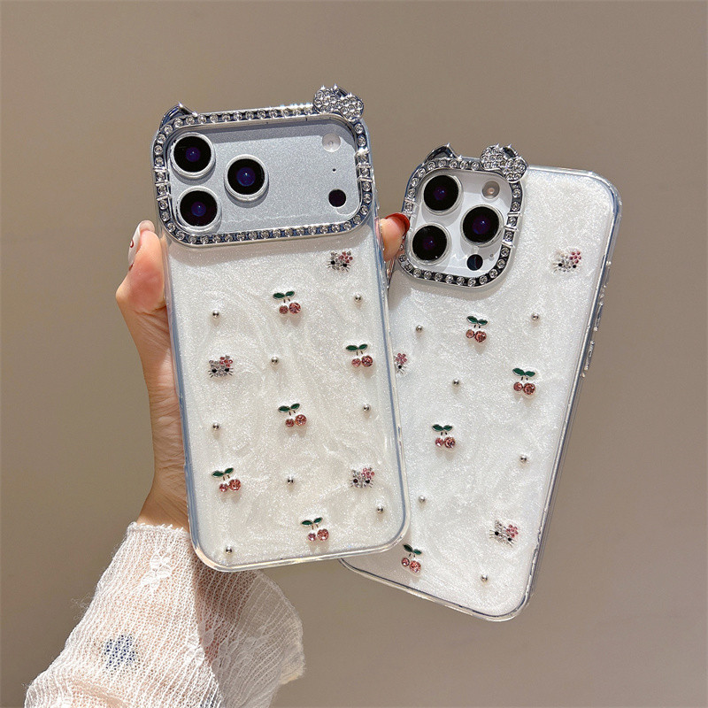 3Dฝังเพชรเชอร์รี่สีขาวDropกาวเคสโทรศัพท์สําหรับiPhone 11 12 13 14 15 16 17 Pro Max Plus Airปลอกส่วนบุคคลสําหรับiPhone17 กรณี