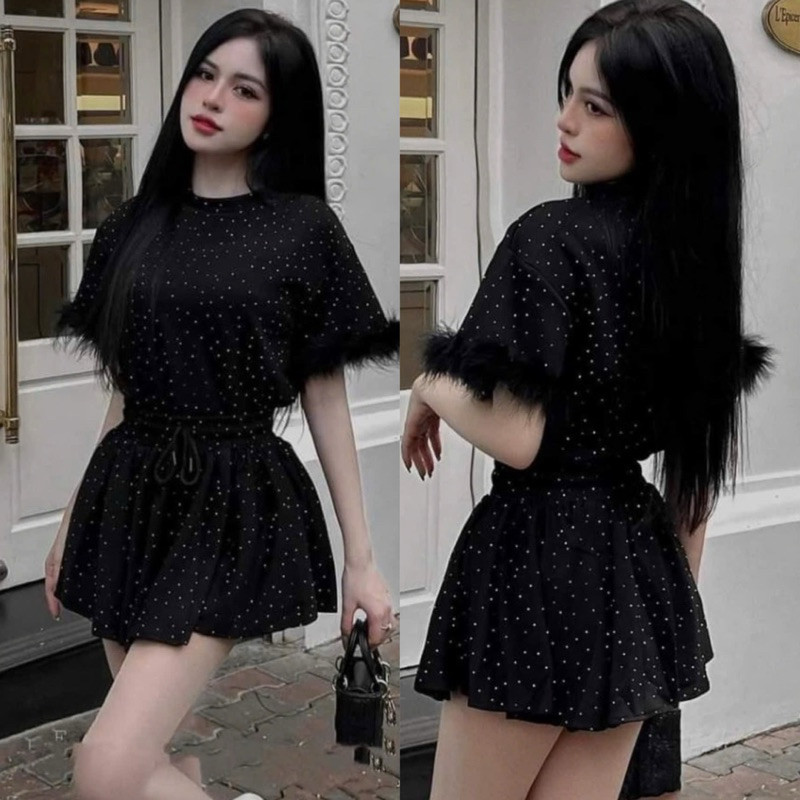 SET SET VELVET WITH ROCKED SHORT SLEEVES WITH FUR TRIM + FUR-FRIENDED TIGHS SHORTS 555 - ผู้หญิง