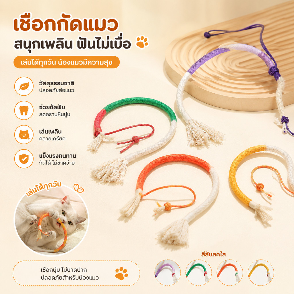 เชือกกัดแมว เชือกคอตตอนธรรมชาติ ขัดฟัน แข็งแรง ทนทาน มีลูกมาทาทาบิกระตุ้นความสนุก สำหรับแมว