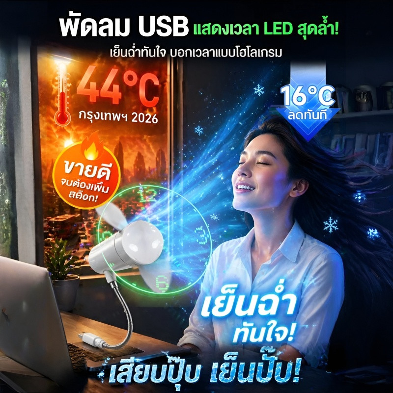 ลดราคา🔥พัดลม USB แสดงเวลา | เย็นฉ่ำ LED นาฬิกาอัจฉริยะ | ปรับระดับลมได้ | พัดลมตั้งโต๊ะพกพา ใช้ทำงาน | สินค้าขายดี ราคาพิเศษ