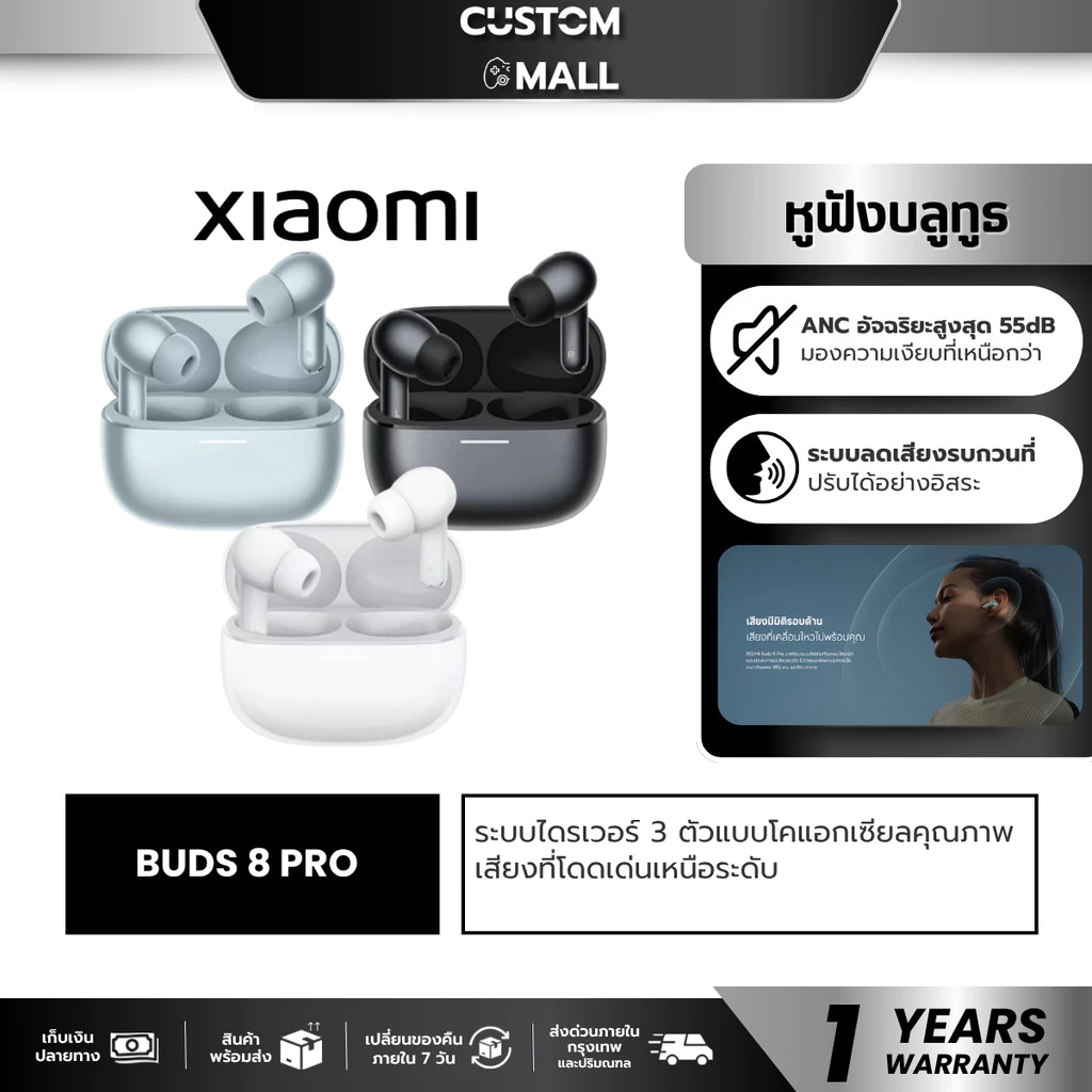 Xiaomi REDMI Buds 8 Pro หูฟังบลูทูธ ระบบไดรเวอร์ 3 ตัว ระบบตัดเสียงรบกวน (ANC) สูงสุด 55dB | Dolby Audio