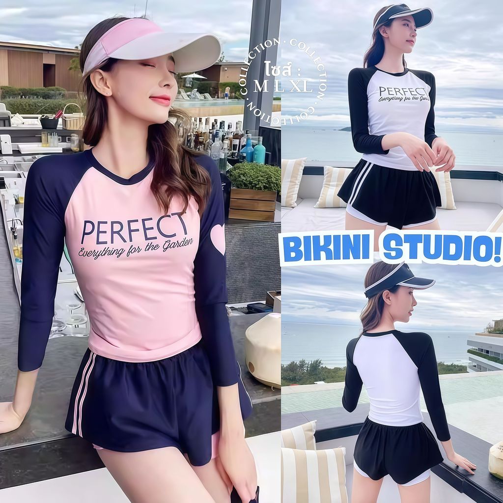 BIKINI STUDIO ชุดว่ายน้ำผู้หญิง ชุดว่ายน้ำเสื้อแขนยาว ชุดว่ายน้ำเซ็ท 2 ชิ้น 🐸 มีไซส์ M-XL | น้ำหนัก 40-65 กก. Y220