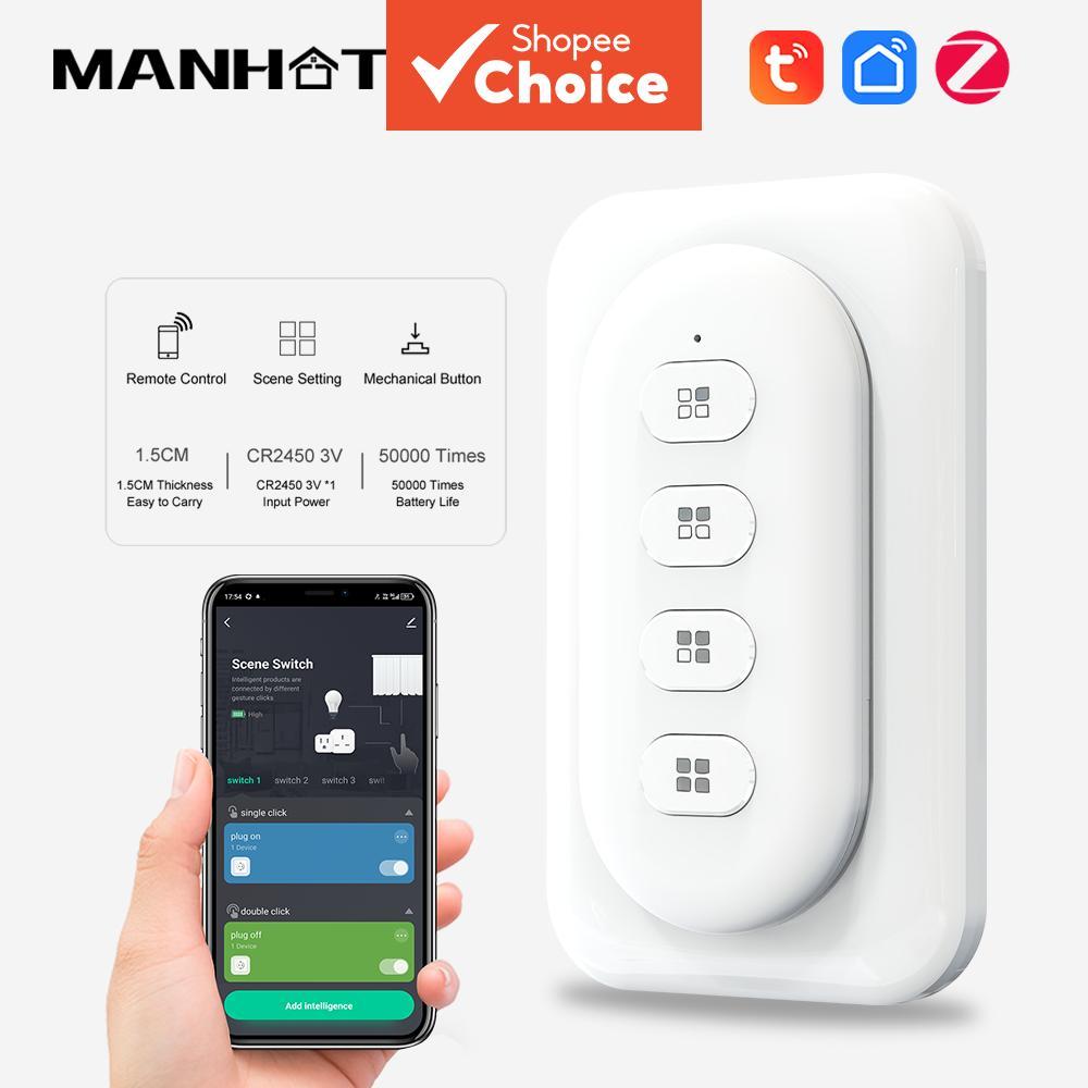 Manhot สวิตช์อัจฉริยะฉาก Tuya Zigbee 4 ปุ่ม 12 ฉาก ปุ่มกดไร้สาย ใช้แบตเตอรี่ สวิตช์อัตโนมัติในบ้าน