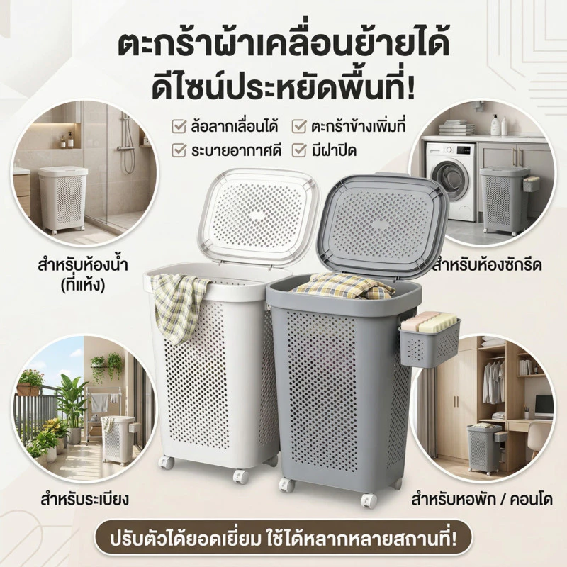 ตะกร้าผ้ามีล้อ 45L/60L พร้อมฝาปิดและด้ามลาก ตะกร้าซักผ้ามินิมอล พับเก็บได้ ล้อหมุน360° จุผ้าเยอะ มีตะกร้าแยกชุดชั้นใน thumbnail 4