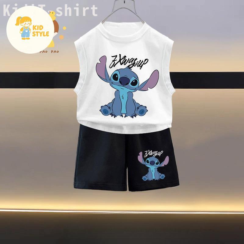 [COD](Kids style)  HOT （ชุดเสื้อกั๊กและกางเกงสั้นเด็ก）(ชุดสองชิ้นสำหรับเด็ก) เสื้อยืดพิมพ์ลาย พร้อมส่ง เสื้อยืดเกาหลี แฟ