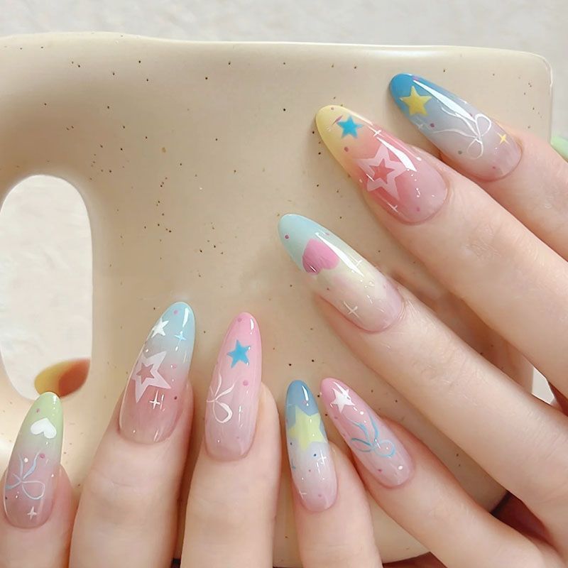 10ชิ้น แพทช์แต่งเล็บแฟนตาซีดาวผ้าไหม สีชมพู-เขียวไล่โทนสี ริบบิ้นดาวถอดได้ เล็บปลอมแบบกดติด