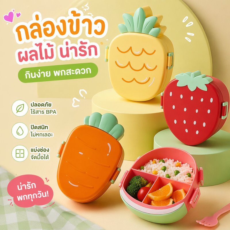 กล่องข้าว ลายผลไม้ กล่องอาหาร 3ช่อง เข้าไมโครเวฟได้ กันรั่ว พร้อมช้อนส้อม สำหรับนักเรียน เด็ก