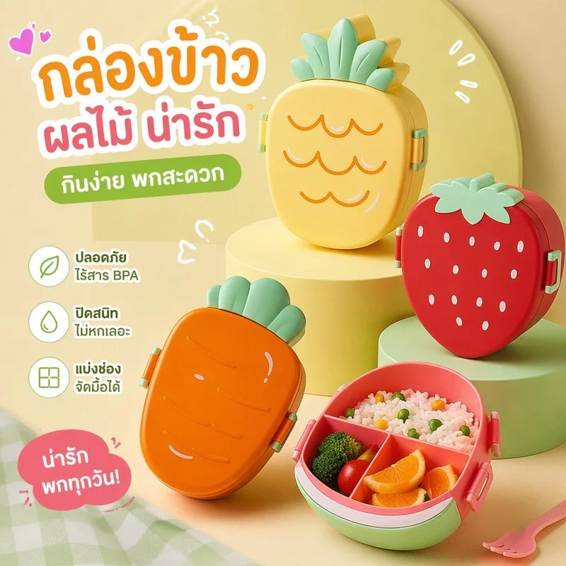กล่องข้าว ลายผลไม้ กล่องอาหาร 3ช่อง เข้าไมโครเวฟได้ กันรั่ว พร้อมช้อนส้อม สำหรับนักเรียน เด็ก