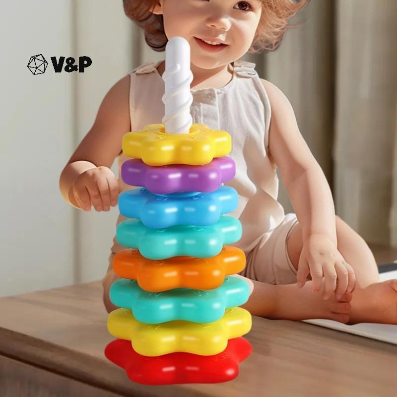 V&P 1 ชุด Montessori หมุน Rainbow Tower ของเล่นเด็กพัฒนาทักษะมอเตอร์เกม Spinning Staing ของเล่นเพื่อการศึกษาของขวัญ