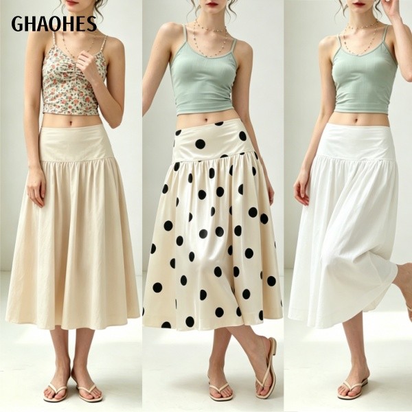 GHAOHES กระโปรงยาวมินิมอลลายจุด 👗 เอวต่ำ ทรงพองสวย มี4สีให้เลือก ใส่สบายทั้งวัน เหมาะกับคาเฟ่＃2062