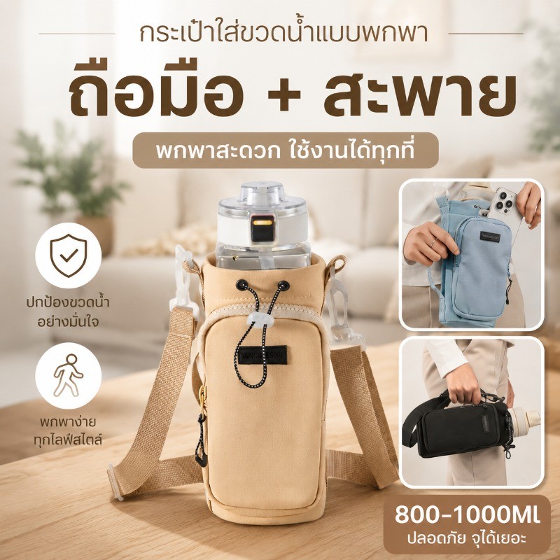 กระเป๋าใส่ขวดน้ำแบบพกพา 800-1000ML กันน้ำ มีซิปปิดสนิท ปรับสายสะพายได้ ใส่โทรศัพท์ได้ สามารถโหลดโทรศัพท์มือถือ