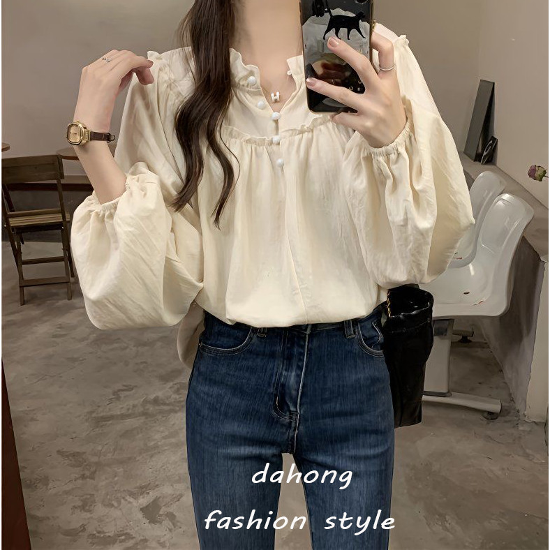 Dahong W690 เสื้อเบลาส์ แขนยาว คอกลม ทรงหลวม สไตล์วินเทจ สําหรับผู้หญิง แฟชั่นเกาหลี