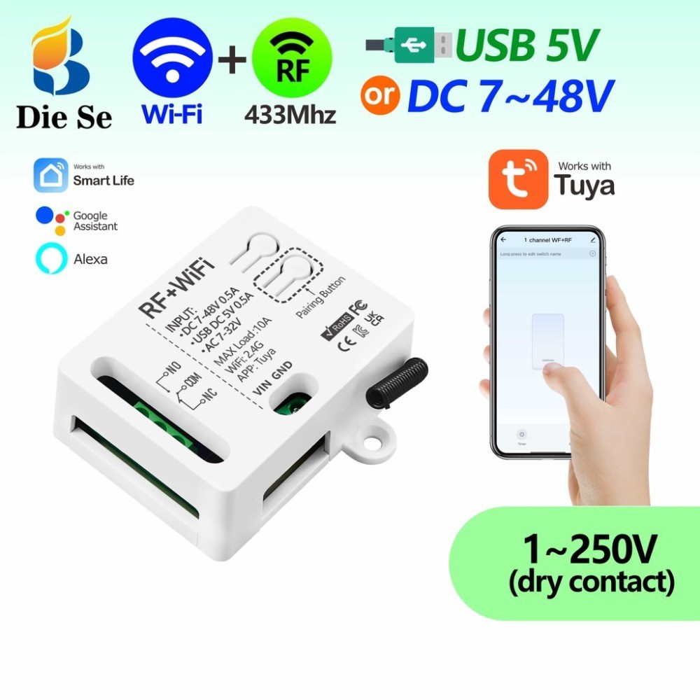 【เก็บเงินปลายทาง】สวิตช์อัจฉริยะ Tuya WiFi+RF 433MHz ควบคุมผ่าน Alexa/Google Home ตั้งเวลาได้ รีเลย์ 7-48V DC