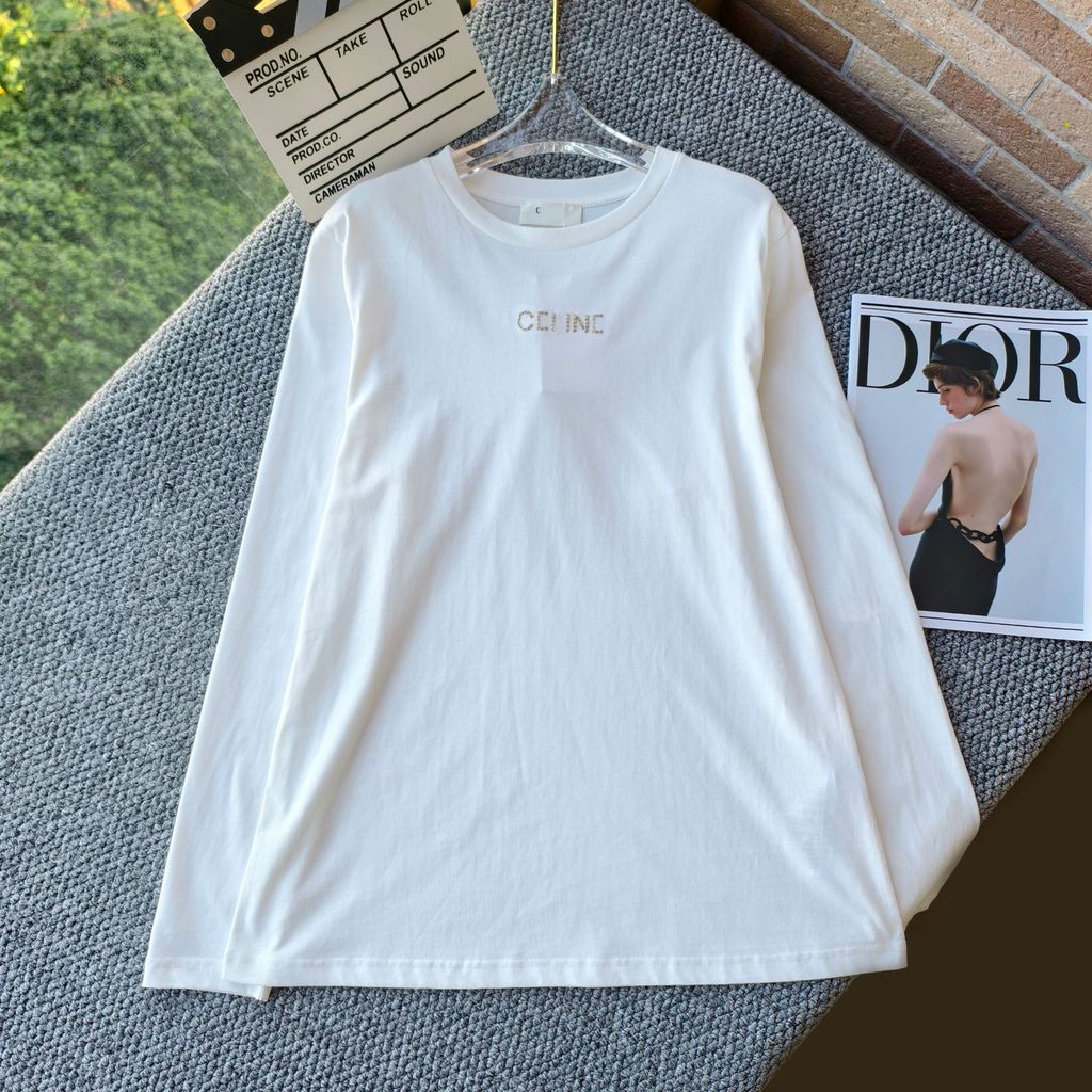 UM2N CE* Autumn New Letter Gold Thread Embroidery Fashion Versatile Round Neck Loose Long Sleeve Top