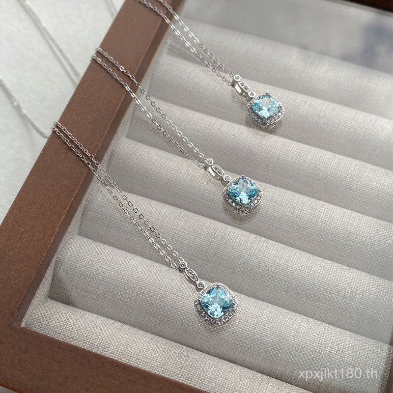 สร้อยคอเงินสเตอร์ลิง S925 สีฟ้าหรูหรา ประดับเพชรทรงสี่เหลี่ยมเล็ก Clavicle Chain เซอร์โคเนียม CVT3