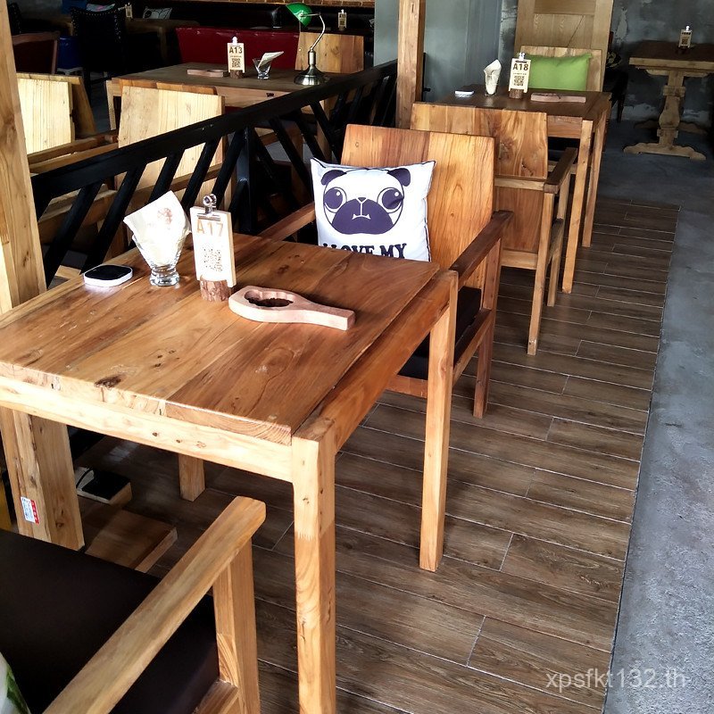 Retro Casual โต๊ะรับประทานอาหารนมชา Shop การ์ตูนโต๊ะกาแฟเก้าอี้เก่า Elm ตารางตารางร้านอาหาร Distress