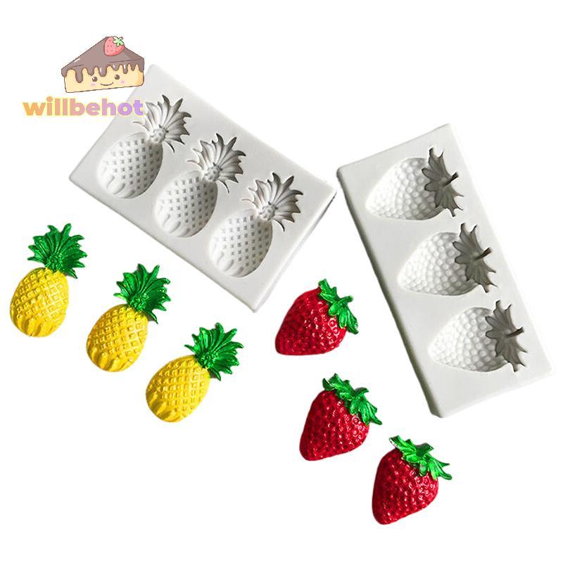 [Willbehot-t] 3 Cavities สับปะรดสตรอเบอร์รี่ซิลิโคน Sugarcraft แม่พิมพ์เครื่องมือเรซิน Cupcake เบเกอรี่ Mould Fondant เครื่องมือตกแต่งเค้ก [ใหม่]