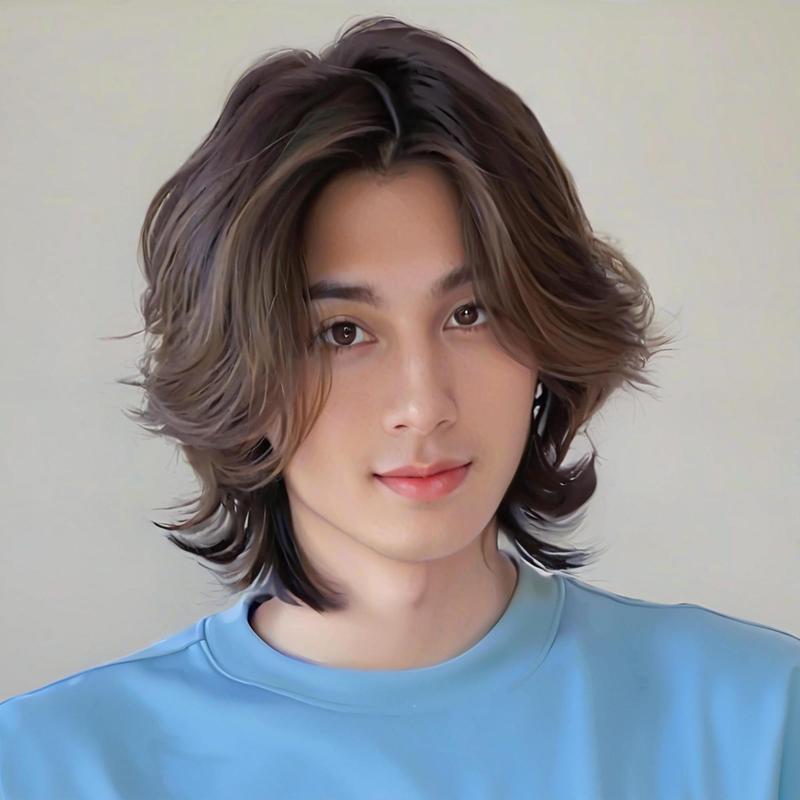 酷帅男狼尾鲻鱼头日系帅气时尚中分短发拍照日常自然蓬松全头套12.11Cool Handsome Male Wolf-tailed Mullet Head Japanese Handsome Fashi