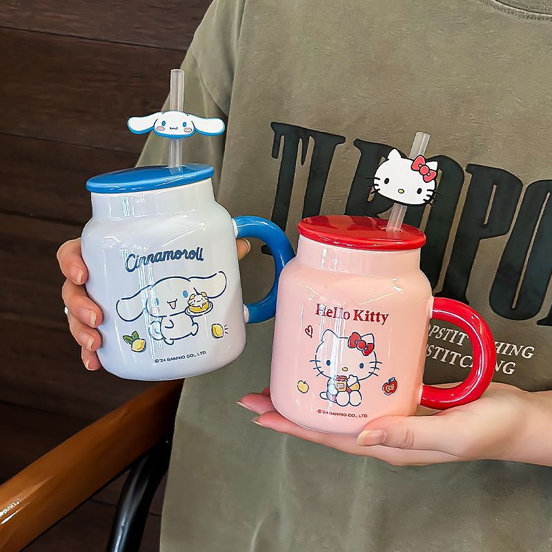 Sanrio Ceramic Cup Girls High-value Mug Office Coffee พร้อมฝาปิดฟาง