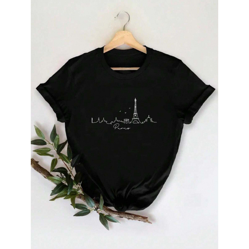 เสื้อยืดผู้หญิง INAWLY Paris Landscape Outline สบายๆ สำหรับวันหยุดและเที่ยว