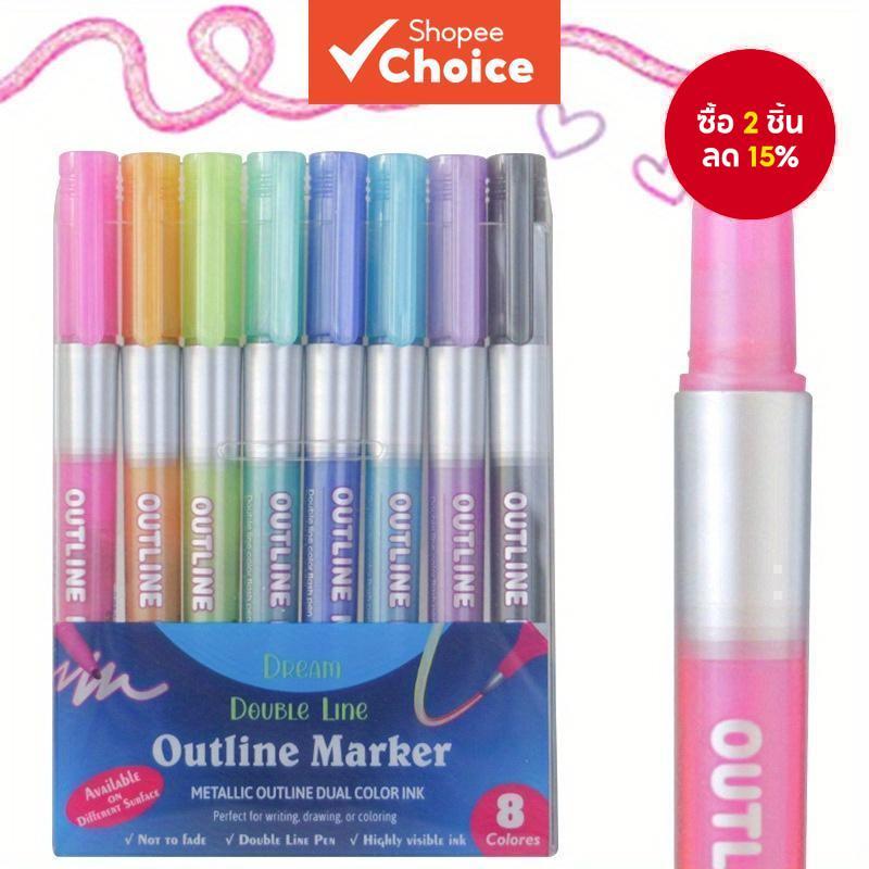 Tcuo ปากกามาร์กเกอร์โลหะ Outline 8 สี, ปากกาศิลปะเส้นคู่สําหรับการ์ดอวยพรและงานฝีมือ