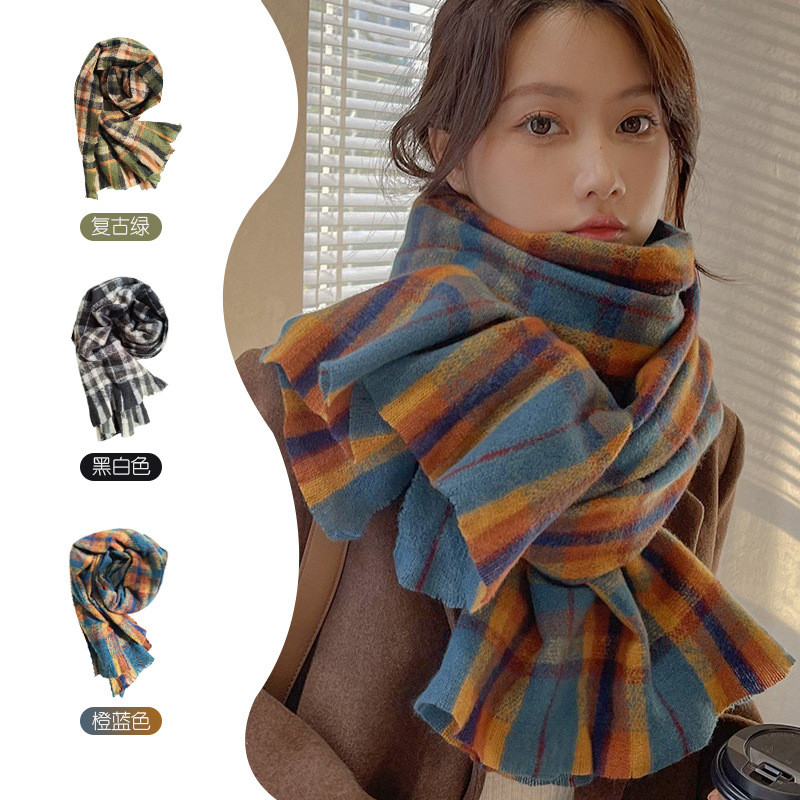 【Ready Stock】 Rainbow Plaid Scarf for Women 2025 Autumn and Winter New Woven Shawl Versatile Thick W