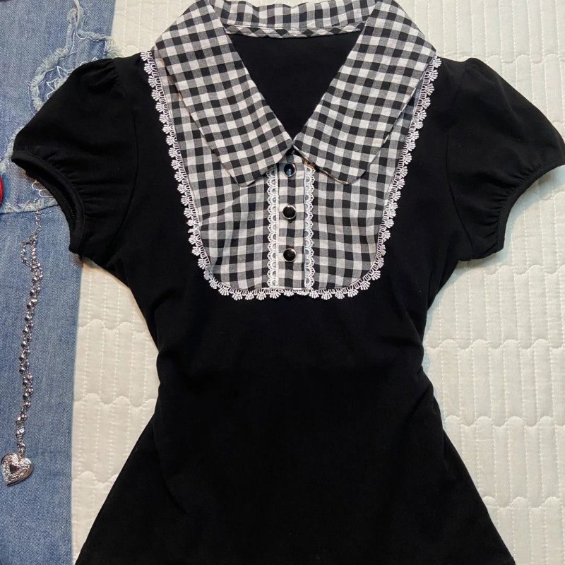 coco-เสื้อยืดผู้หญิง ตรวจสอบประกบ เสื้อแขนสั้น ขอบลูกไม้ ประเภทรุ่น Slim Fit วินเทจ สุภาพสตรี แฟชั่นฤดูร้อน