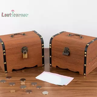 [Lostcorner] 1 ชุด Vintage Treasure กล่องเก็บไม้หีบสมบัติพร้อมล็อค Piggy Bank Organizer กล่องประหยัดสําหรับตกแต่งบ้าน [ใหม่]