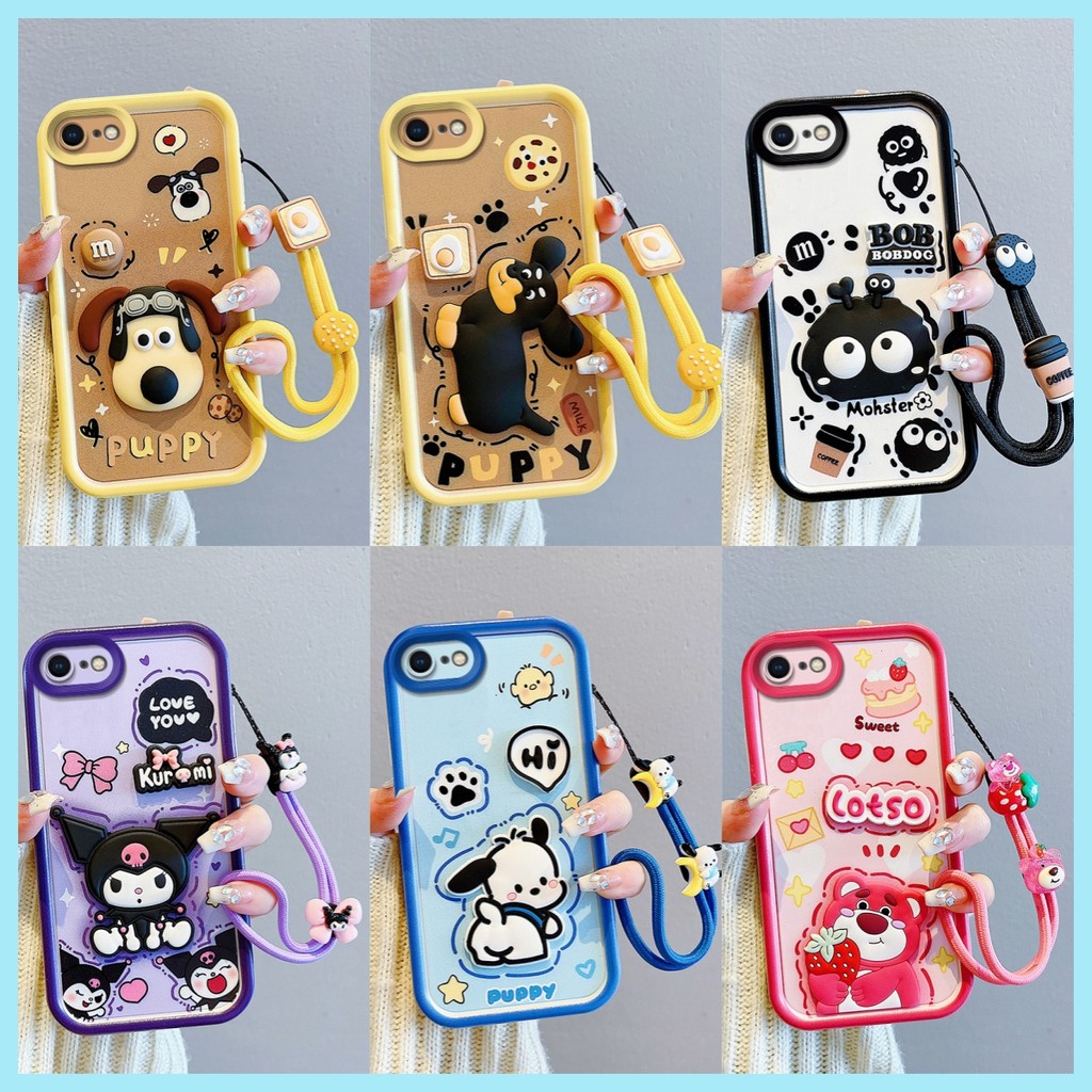 การ์ตูนน่ารักนุ่มสําหรับ iPhone 7 8 se2 se3 KuromiLotso Gromit Soot Sprite พร้อมเชือกเส้นเล็ก