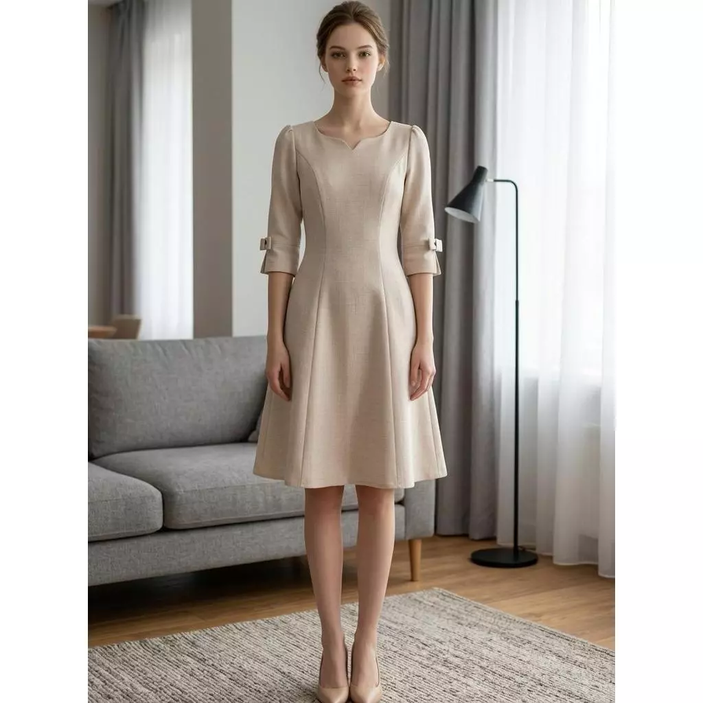 (KP28) Emily Dress - เดรสคอกลมแขน3ส่วน มีดีเทลโบว์น่ารักตรงแขน *มีกระเป๋า ยาว40นิ้ว ผ้าSnowCandy