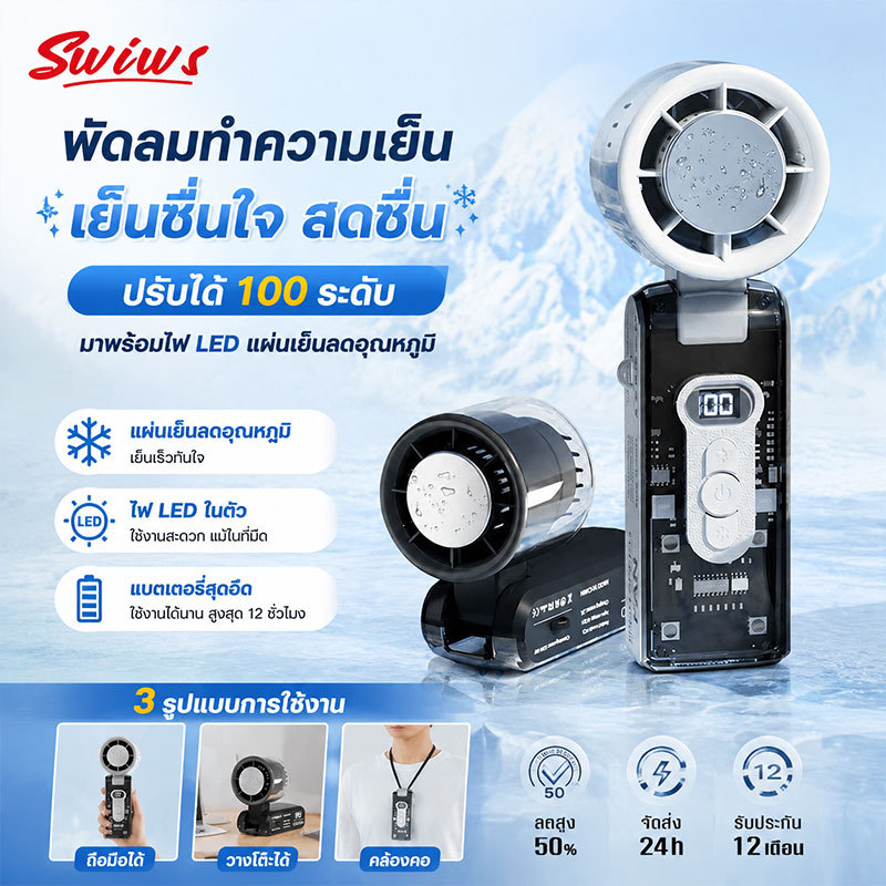 พัดลมพกพาขนาดเล็ก ปรับความเร็วลมได้ 100 ระดับ พัดลมพกพา พัดลมเทอร์โบแรงที่สุด ลมแรง เย็นเร็ว หน้าจอ LED