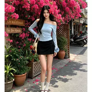 FENNI สินค้าพร้อมส่ง แนะนำซักมือ ห้ามซักโดนลายดอก เสื้อเปิดไหล่สไตล์หวาน เข้ารูปช่วงเอว แขนยาว ใส่เป็นชั้นในได้