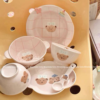 จานขนม เซรามิค insลายหมี🐻สีชมพูน่ารัก พร้อมส่ง