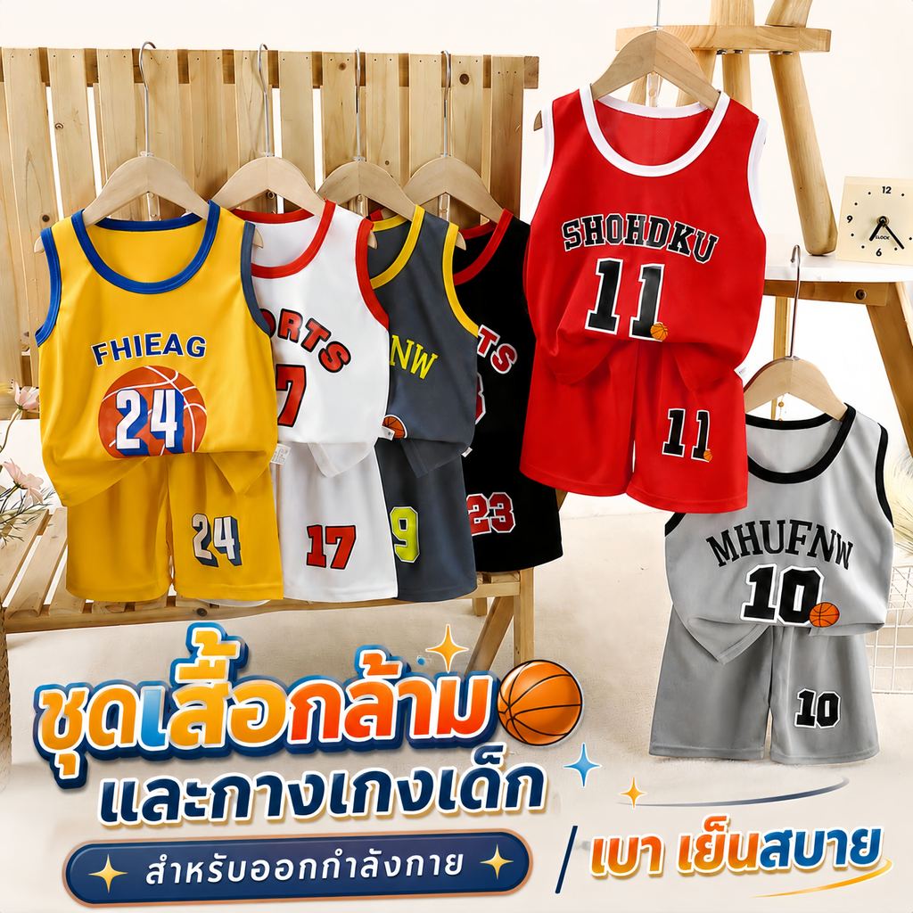 CHILDREN PAJAMAS ชุดบาสเด็ก เซ็ทกีฬาเด็ก เสื้อแขนกุด ใส่สบาย ระบายอากาศดี ⚽ ส่วนสูง 80-120 CM E040
